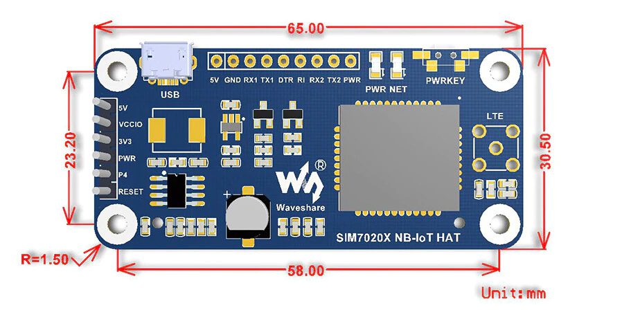 Размеры платы расширения на SIM7020E 4G NB-IoT для raspberry pi